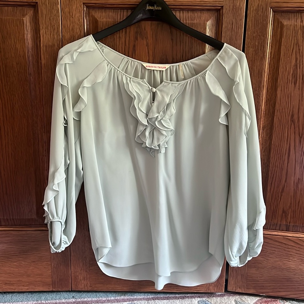 Rebecca Taylor, silk light blue ruffle blouse hundred percent silk